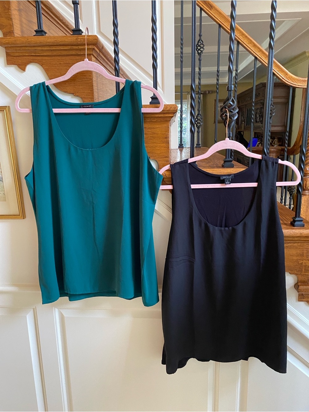 Ann Taylor Teal and Black Scoop Neck Satin Tank Tops